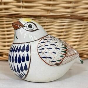 Tonala Pottery Bird • Hand‑Painted Cream Cobalt Green • Signed Mexico N.P.